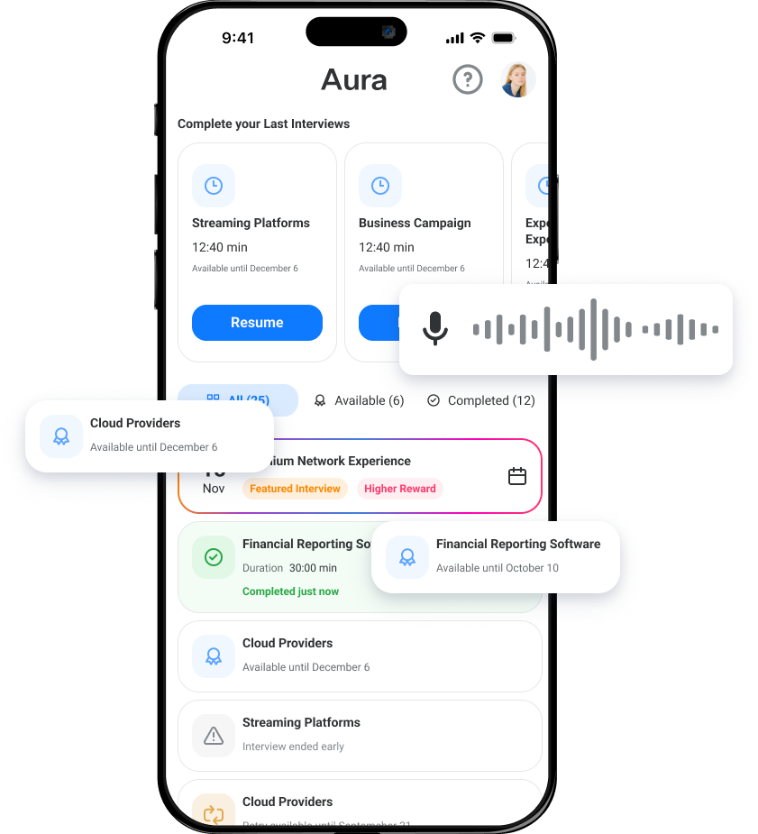 Heron interview app showing available and completed interviews